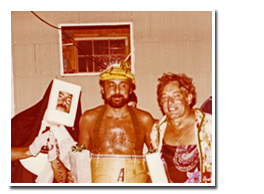 Three seasonal campers at costume party, circa 1970s